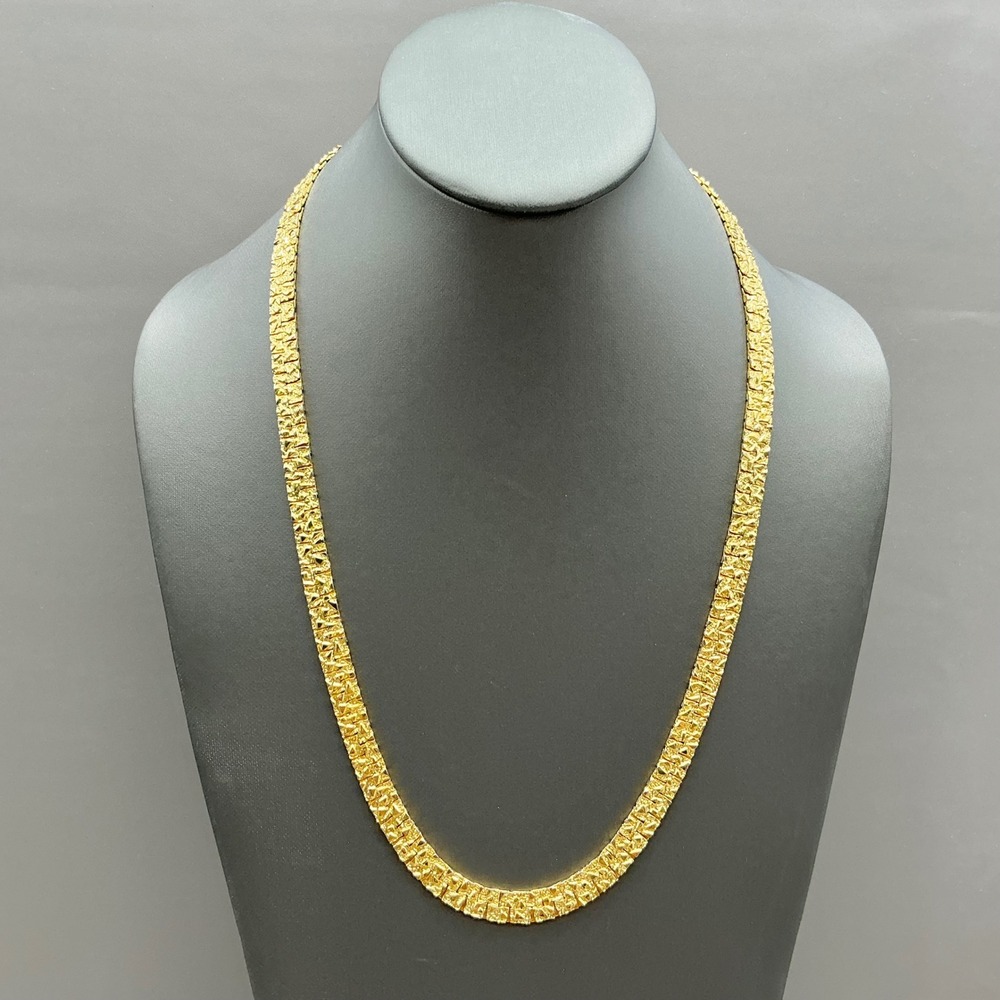 Nugget Link Necklace Women Gold Tone Textured Flat Chain Fold Over Clasp 22 Inch